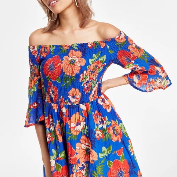 GUESS Charley Off-The-Shoulder Floral Printed Sun Dress In Blue Size XL - Picture 3 of 8